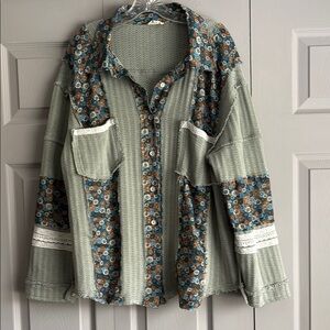 POL Floral Patchwork Long Sleeve Top - Green and Blue